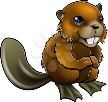 An illustration of a happy cartoon beaver character