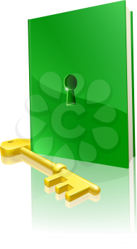 Access to education concept, a green book with keyhole and gold key to access it