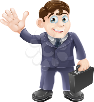 Illustration of a happy smiling cartoon business man waving and holding a briefcase