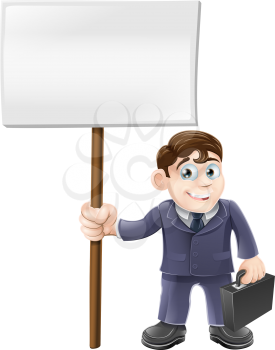 A happy cartoon business man holding briefcase and a sign board
