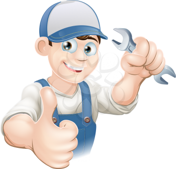 Illustration of a happy plumber, mechanic or handyman in work clothes holding a spanner and giving thumbs up