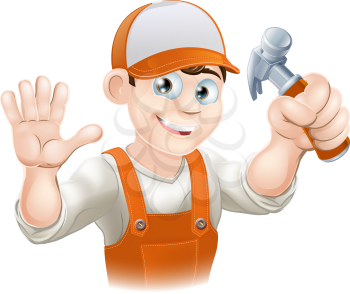 Graphic of smiling handyman, builder, construction worker or carpenter in overalls holding a claw hammer and waving
