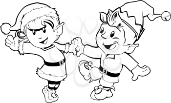 Black and white illustration of boy and girl Christmas elves dancing in Santa outfit and elf clothes