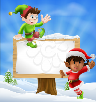 Two Santa's helper type Christmas characters with a large sign with copyspace
