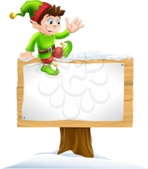 A cute Christmas elf on sitting on a snowy sign and waving