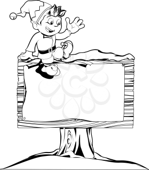 Drawing of a happy Christmas elf on sitting on a sign