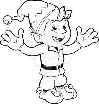 Monochrome drawing of happy Christmas Elf smiling and waving