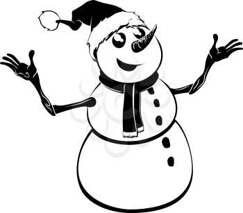 Black and white illustration of a Christmas snowman in Santa hat
