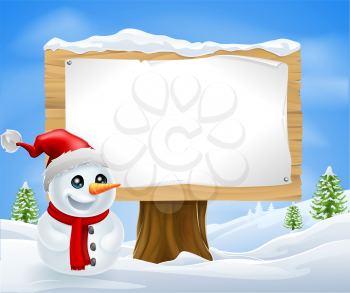Cute Christmas Snowman and Sign in a winter landcape