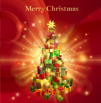 A red background design with a stack or pile of Christmas gifts or presents in the shape of a Christmas tree with a star decoration on the top and the text Merry Christmas