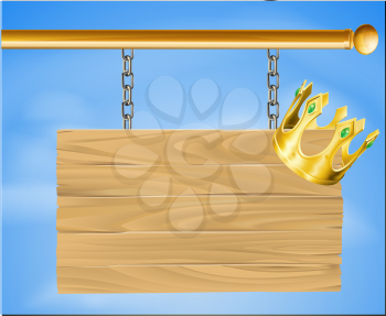 Illustration of a wooden hanging sign with a gold crown on it