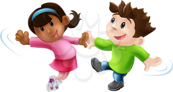 An illustration of two cute happy cartoon dancers dancing together