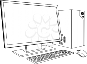 A black and white illustration of desktop PC computer workstation. Monitor, mouse keyboard and tower