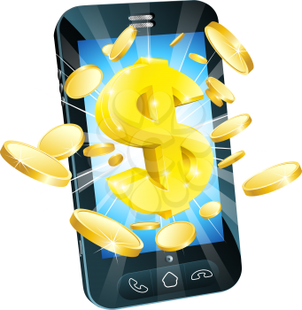 Dollar money phone concept illustration of mobile cell phone with gold dollar and coins