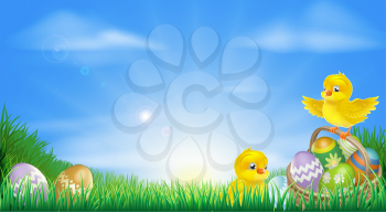 Background illustration of happy yellow Easter chicks and Easter eggs in a field