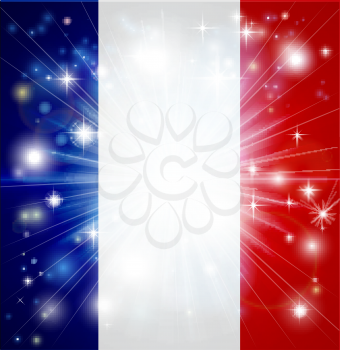 Flag of France background with pyrotechnic or light burst and copy space in the centre