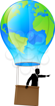 Conceptual illustration of a business man in a business suit in a hot air balloon with a world globe on it pointing forward and going ahead.