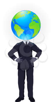 A business man with a globe for a head. Business concept for looking at the big picture or global strategic planning
