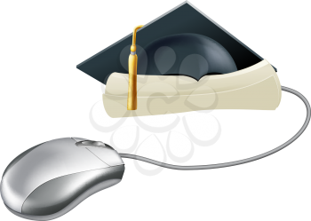 Internet education, training or learning concept, a computer mouse connected to a diploma or certificate scroll  with graduation mortar board cap on it. 