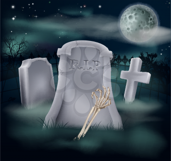 Illustration of an undead skeleton hand and arm reaching out of a spooky grave