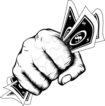 Hand in a fist with cash dollar bills illustration in woodcut retro style.