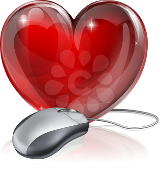 Illustration of a computer mouse connected to a red heart symbol, concept for online dating, romance or similar
