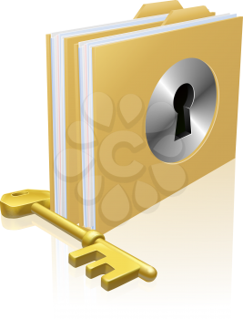 Folder or file with a keyhole locked with a key. Concept for privacy or data protection, or secure data storage etc.
