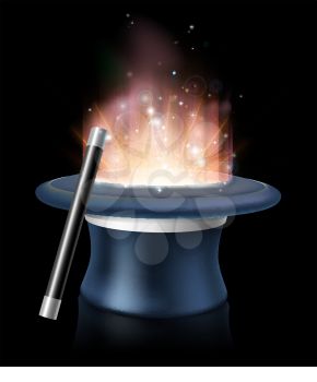 An illustration of magic hat and magic wand with glowing magic light coming out of the hat 