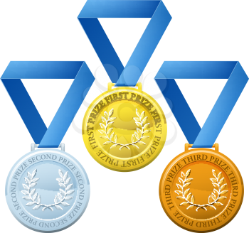 Illustration of three winners sports style medals for first second and third prize