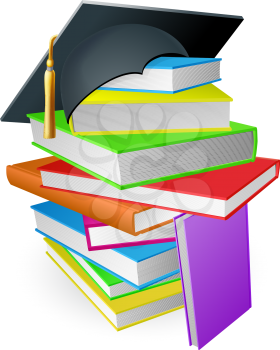 Education concept, a pile of books with a mortar board graduation hat on top 