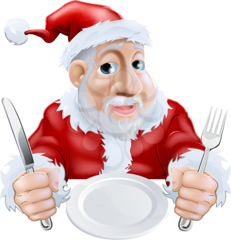 A happy cartoon Santa ready for Christmas dinner waiting for food with knife and fork in hand and empty plate. Alternatively place your text or food graphic on plate.