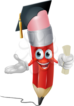 An illustration of a pencil character in mortar board hat holding scroll certificate or diploma graduating