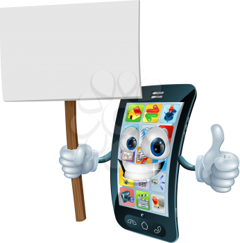 Mobile phone mascot character holding an announcement board sign smiling and doing a thumbs up gesture