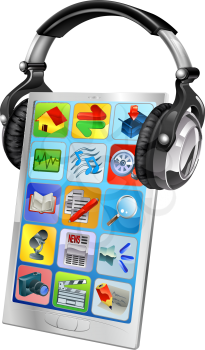 Concept illustration of a mobile phone wearing music headphones