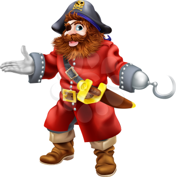 Illustration of a happy smiling pirate with a hook and eye patch and skull and crossed bones on his pirate hat