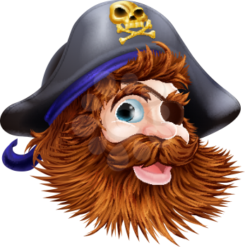 Illustration of a happy smiling pirate face with an eye patch and skull and crossed bones on his pirate hat
