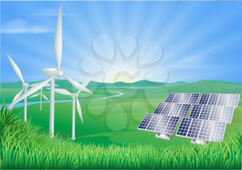 Illustration of wind turbines and solar panels generating renewable energy