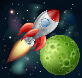 Illustration of a cartoon rocket spaceship with space background and planets and stars