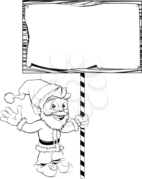 Black and white drawing of Santa holding a Christmas sign
