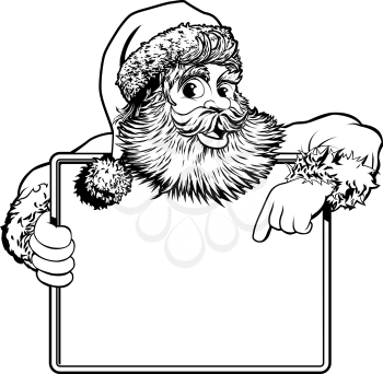 Black and white Christmas illustration of Santa holding and pointing at a sign