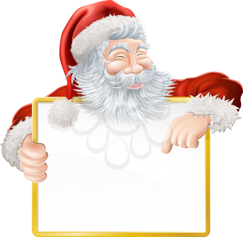 Christmas illustration of Santa holding and pointing at a sign
