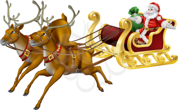 Illustration of Santa in his Christmas sled being pulled by reindeer 