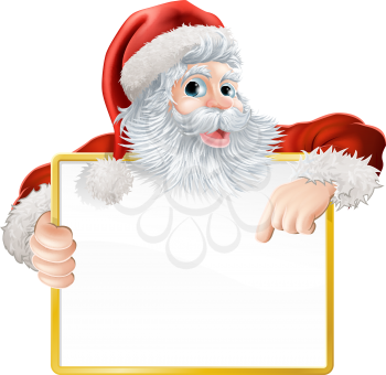 Christmas illustration of Santa holding and pointing at a sign