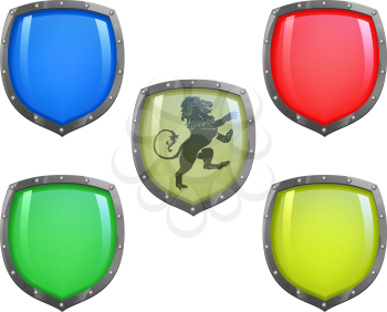 Illustration of shield in 5 different colours and lion motif