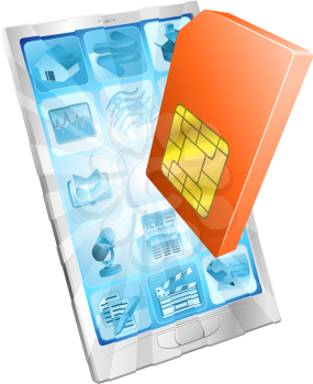 Phone SIM card icon coming out of screen concept