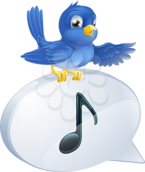 Illustration of a cute bluebird standing musical note speech bubble and singing or tweeting