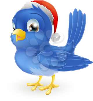 A cartoon blue bird in Christmas Santa hat illustration