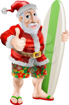 An illustration of Santa in flip-flop sandals and beach board shorts holding a surf board and doing a thumbs up