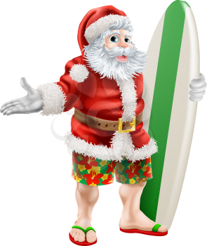 An illustration of  a cartoon Santa in beach board shorts holding a surfboard 