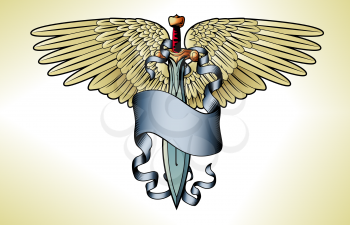 Illustration of a retro sword banner wing tattoo graphic